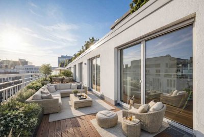 Atrium-Penthouse in den Nymphenburger Höfen der Maxvorstadt - großzügige Außenflächen mit Alpenblick