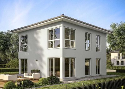 Eine Hausfamilie - vier Dachvarianten - moderne Stadtvilla mit Grundstück