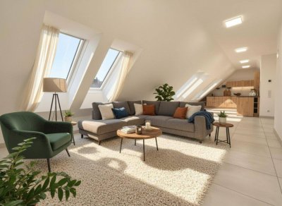 Traumhafte Dachgeschosswohnung – Erstbezug in hochwertig gebautem Wohnhaus - Klimaanlage - Moderne Küche - Gemeinschaftsgarten