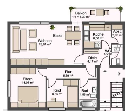 Helle gemütliche 3 Zimmer Wohnung mit Balkon & Keller (reniviert)t