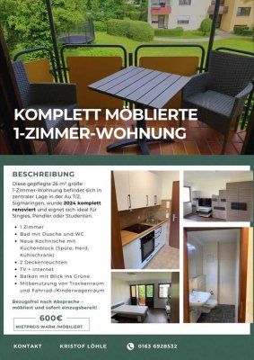 Frisch renovierte 1,5-Zimmer-Wohnung in Sigmaringen. Vollmöbliert