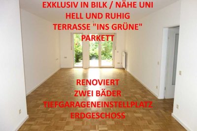 EXKLUSIV IN BILK NÄHE UNI HELL + RUHIG ERDGESCHOSS MIT TERRASSE 2 BÄDER KOMPLETT PARKETT TG-STELLPL.