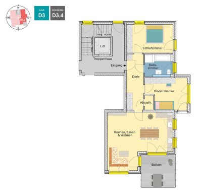 MEISTERSTÜCK | 3 Zimmer Obergeschosswohnung mit Abstellraum und großem Balkon | D3.4