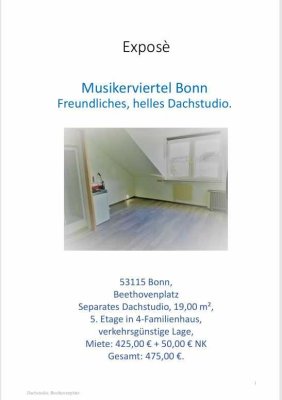 Musikerviertel Bonn, freundliches, helles Dachstudio.