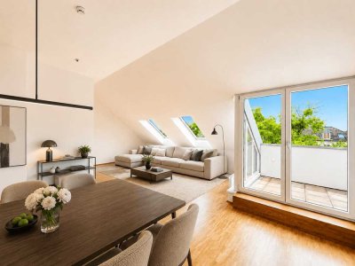 Beeindruckende Raumhöhe: Dachterrasse, Designerküche und Einbauschränke.