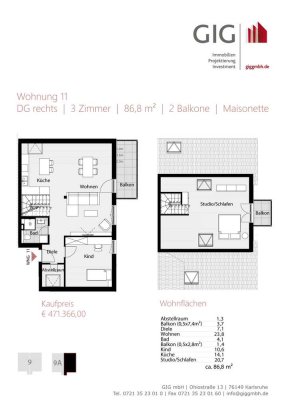 WE11 | Neubau | DG | 3 Zimmer | 2 Balkone | ca. 87 m² | Maisonette | Kellerraum