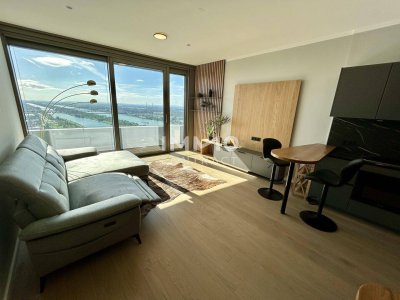 Möbliertes Apartment im 42. Stock mit Weitblick auf die Donau! Pool, Spa und Fitness inklusive!
