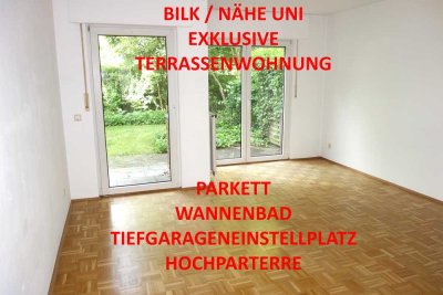EXKLUSIV BILK NÄHE UNI HELL + RUHIG ERDGESCHOSS MIT TERRASSE KOMPLETT PARKETT WANNENBAD TG-STELLPL.