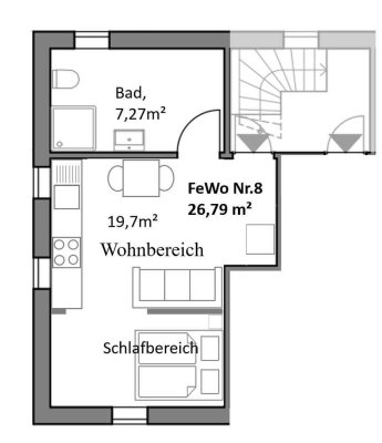 Dachgeschoss - 1 Zimmer mit abgetrenntem Schlafbereich + eigene Terrasse im Garten