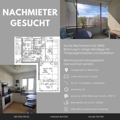 Ansprechende möblierte 2-Raum-Wohnung mit Balkon in Steyr