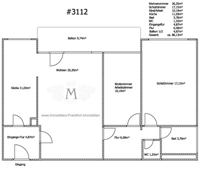 sanierte 3-Zimmerwohnung 86 m² mit hochwertiger Einbauküche; Balkon; leerstehende Wohnung; #3112