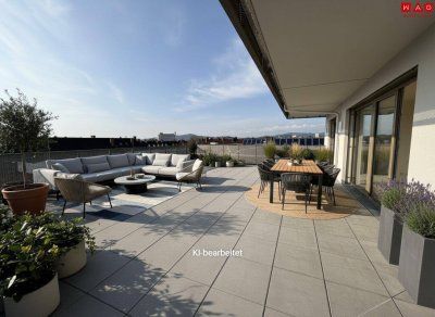 105 m² Dachterrasse für Ihr Leben im Freien – barrierefreie Komfortwohnung mit grünem Energiekonzept