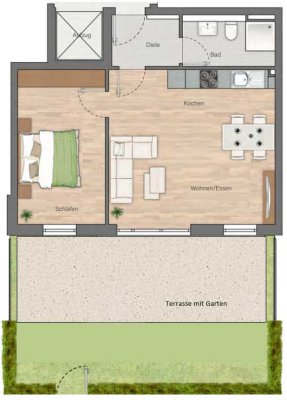 Erstbezug: 2-Raum-Terrassenwohnung, gehobene Innenausstattung, EKB, TG-Stellplatz + eigener Garten