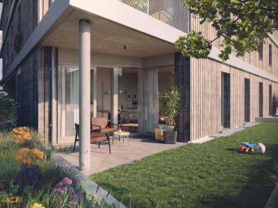 Nachhaltige 5-Zi.-Familienwohnung mit 2 Bädern, 2 Terrassen und Garten in familienfreundlicher Lage
