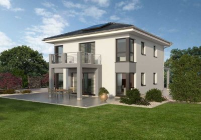 Die zweigeschossige Stadtvilla präsentiert sich als ein modernes Architektenhaus in KfW+