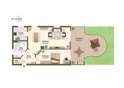 Elegante, helle Gartenwohnung. Traumhafte, ruhige Terrasse. Sofort verfügbar.