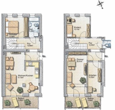 5-Raum-Maisonette mit großen Balkonen ins Grüne, Wohnbad & Gäste-WC in ruhiger Lage