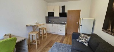 Hochwertige möblierte 35-m²-EG-Wohnung mit gr. Terrasse & Stadtblick, Internet, Waschtrockner, Küche