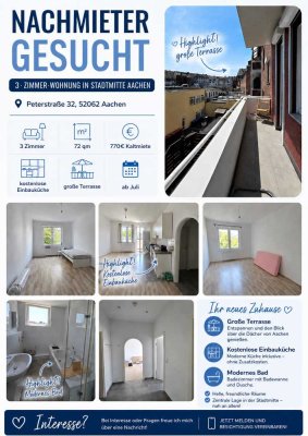 Aachen Zentrum: 3-Zimmer Wohnung mit Einbauküche und Terasse