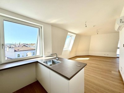Hochwertige 1-Zimmer-Maisonette-Wohnung im Dachgeschoss mit Terrasse und Blick über Wien! Erstbezug!