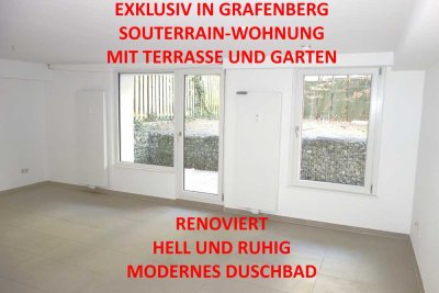 EXKLUSIV IN GRAFENBERG SOUTERRAIN GARTEN-TERRASSENWOHNUNG SEHR RUHIG RENOVIERT MODERNES DUSCHBAD