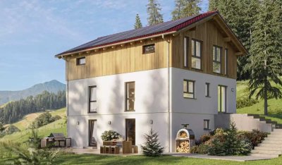 Einzugsfertig-HOLZVERKLEIDETES TRAUMHAUS MIT SATTELDACH UND KELLER