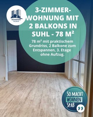 3-Zimmer-Wohnung, 2 Balkone, Küche mit Fenster, 3. Etage ohne Aufzug
