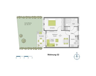 2-Zimmer mit 40 m² Gartenfläche