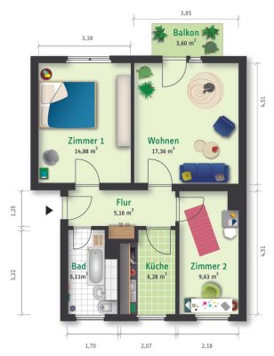 Schöne 3-Zimmer-Wohnung mit Balkon in ruhiger grüner Lage