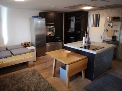 Schönes möbliertes 1 Z. Loft-Charakter Apartment, mit Terrasse, Bar, Garten, TG-Stellplatz, Gym