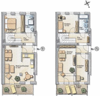 5-Raum-Maisonette-Wohnung mit 2 Balkonen und 2 Bädern