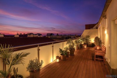 TERRASSENWOHNUNG IM DACHGESCHOSS OHNE SCHRÄGEN / 2 TERRASSEN MIT CA. 46m² / KLIMA + MODERNES BAD + 1 GARAGE / NÄHE YPPENPLATZ UND U6 / LETZER STOCK MIT LIFT