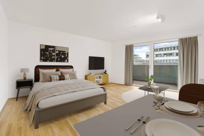 Kurzzeitmiete: Studio Extra Large (möbliert) mit Zugang zu erstklassigen Gemeinschaftsflächen: Fitness, Co-Working, Dachterrasse, Yoga, Private Dining &amp; Kinoraum