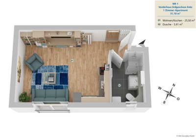 "Erstbezug nach Kernsanierung"
1 Zi.-Apartment in Frankfurt - Sachsenhausen "Großer Hasenpfad"
