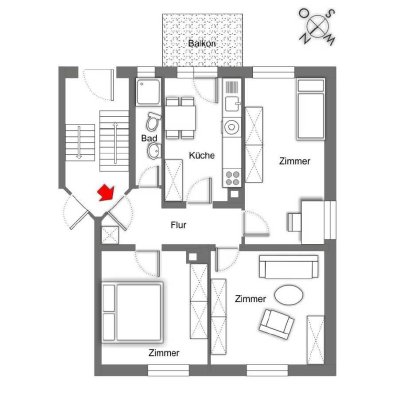 3-Zimmer-Hochparterre Wohnung mit EBK und Balkon WG Geeignet