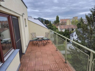 Dachterrassenwohnung in ruhiger Lage mit Weitblick auf den Leopoldsberg und Tischlerküche