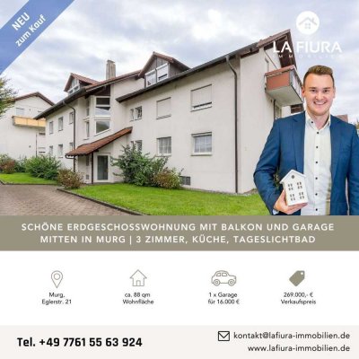 Attraktive Dreizimmerwohnung im Erdgeschoss mit Garage und Balkon | ruhige Lage mitten in Murg