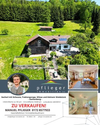 Sacherl mit Scheune, Traktorgarage, Wiese und kleinem Waldstück