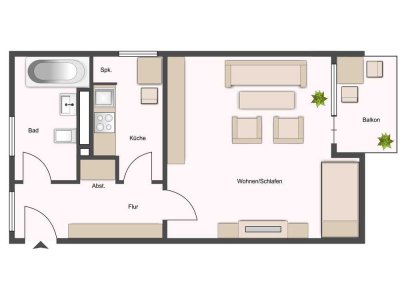 1600/80401/64 Einzimmerwohnung mit Wohnküche und Balkon