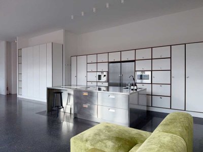 Design-Loft mit Edelstahl Profi-Küche, Panoramafenstern & maßgefertigten Einbauten