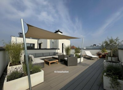 EINSTÜCK HIMMEL NUR FÜR SIE - 60 m2 uneinsichtiger Dachterrasse - Wohnküche, 3 Schlafzimmer, 2 Bäder, WC auf 2 Ebenen - FBH, Solaranlage und Wärmepumpe