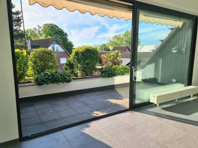 Dachgeschoss-Maisonette in Wittlaer, 3-Zimmer, Sonnenterrasse, Kamin, EBK. Teilweise Rheinblick.