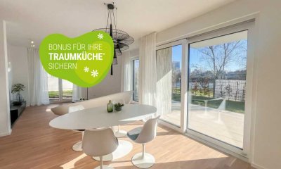 Neubauglück mit extra Küchenbudget! Kurzfristig bezugsfertige 4-Zi.-Whg mit Terrasse & Garten am See