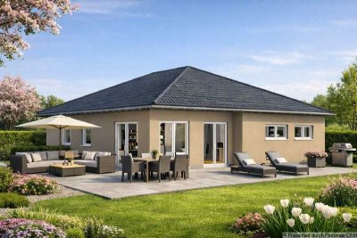 Moderner Bungalow mit teilweise überdachter Terrasse, Wohnen auf einer Ebene