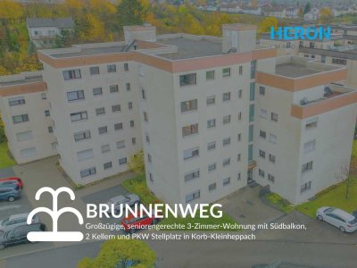 BRUNNENWEG - Großzügige, seniorengerechte 3-Zimmer-Wohnung mit Südbalkon, 2 Kellern