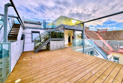 LUXUS DACHGESCHOSS - 4 Zimmer - 360° BLICK - ca. 204m² gew. NFL - ca. 50m² Terrassen - hochwertige Ausstattung - Einbauküche - 2 Garagenplätze - Rochusmarkt - Grüner Prater - 3+2 Jahre befristet