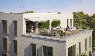 Nachhaltiges Effizienzhaus 40-Penthouse. ~110 m² Wohnfläche mit sonniger Dachterrasse & zwei Bädern