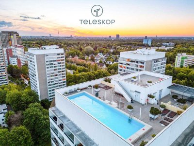 Urbaner Frühling in luftiger Höhe. Penthouse & Pool über München-Bogenhausen.