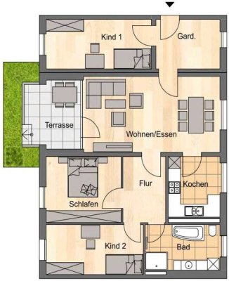 4 Raum-Wohnung, Terrasse, Badewanne+Dusche, Bezug ab sofort
