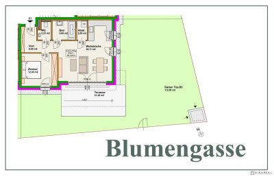 Blumengasse - Bauteil B | Neubauprojekt | 2 Zimmer Wohnung - EG | Terrasse &amp; Garten | Belagsfertig | Tiefgaragenstellplatz optional | Spätherbst 2024 (Top B3)